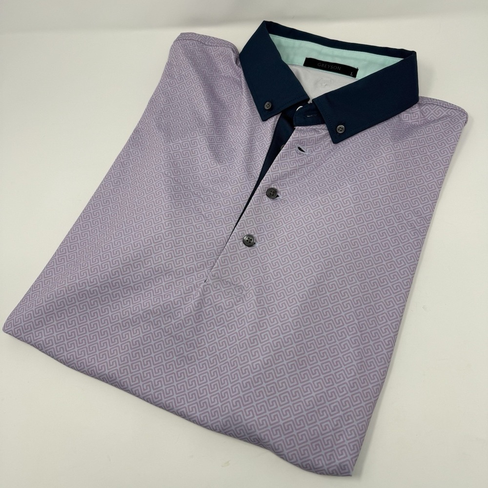 Greyson Golf Polo All Over Geometric Print Purple/Turquoise Men Shirt Size Large